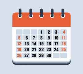 Calendar vector illustration with date and 1 to 30 days number calendar illustration, illustration of monthly and yearly table calendar with date and weekdays. desk calendar with orange wall calendar