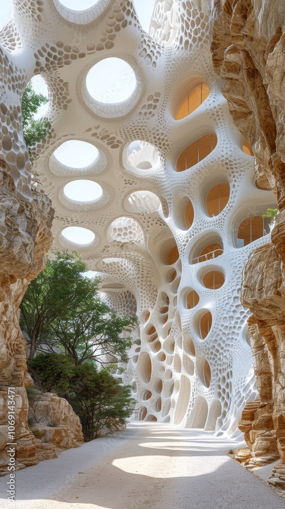 Poster a futuristic 3d cityscape showcasing intricate hexagonal structures illuminated by natural light dur