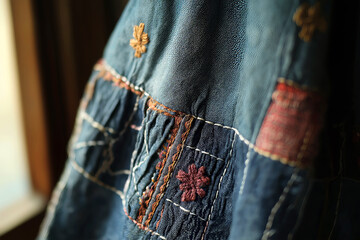 Close-up of a denim patchwork dress with intricate stitching details, highlighted by soft golden hour lighting.