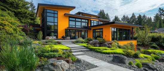 Obraz premium High-resolution photo of a modern home in the Pacific Northwest with a lush green landscape.