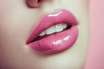 Naklejka premium Close-up of glossy pink lips with a subtle shine against a soft pink background