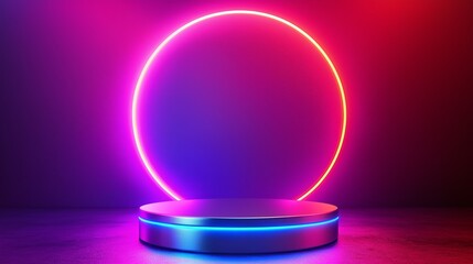 Vibrant Circular Neon Light Display with Gradient Colors on Dark Background, Symbolizing Modern Art...