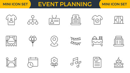 Event Planning Icon Set. Stylish and functional icons for organizers, perfect for scheduling, venue management, and event promotion, ideal for apps, websites, and marketing materials.