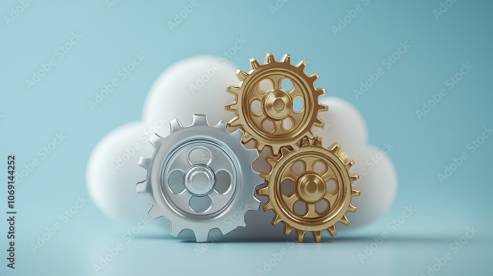Poster cloud with intricate gold gears, symbolizing cloud computing, technology, and data management, gemer