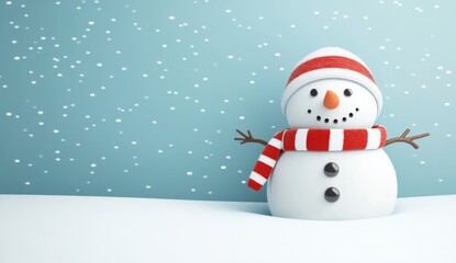 3D render of a cute snowman with a red and white striped scarf peeking out from the right side on a blank background Generative AI