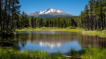 A serene mountain lake is framed by towering pine trees, with majestic snow-capped peaks rising in the background. The raw and tranquil scene captures the essence of untouched natural beauty.
