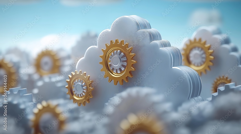 Poster Cloud with Intricate Gold Gears, Symbolizing Cloud Computing, Technology, and Data Management, Gemerative AI