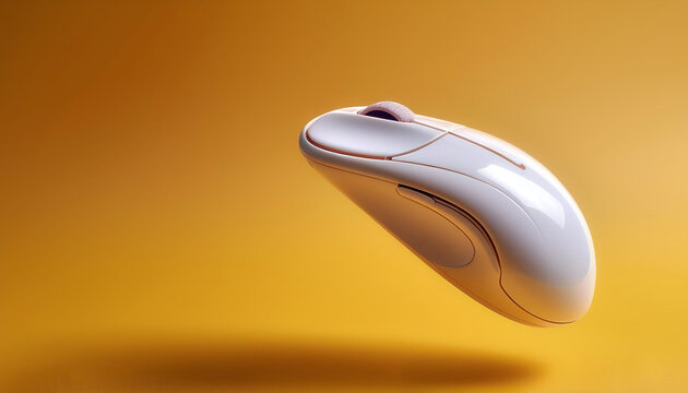 Mouse wireless floating or flying isolated on yellow pastel background