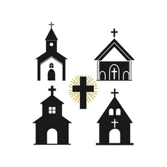 Set of vector icons of temples and churches isolated on white background.