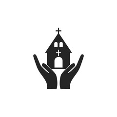 Church with hand icon isolated on white background.
