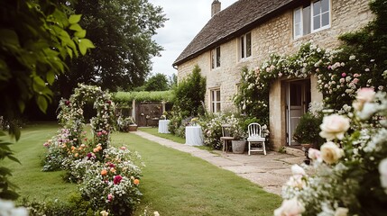 Fototapeta premium A stone house with a pathway leading to the front door. The pathway is lined with flowers and greenery. The house is covered in flowers and greenery, with a wooden door leading to the house.