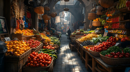 Obraz premium The Essence of Nutrition and Creativity in a Local Marketplace Featuring a Colorful Display of Fresh Produce and Crafts