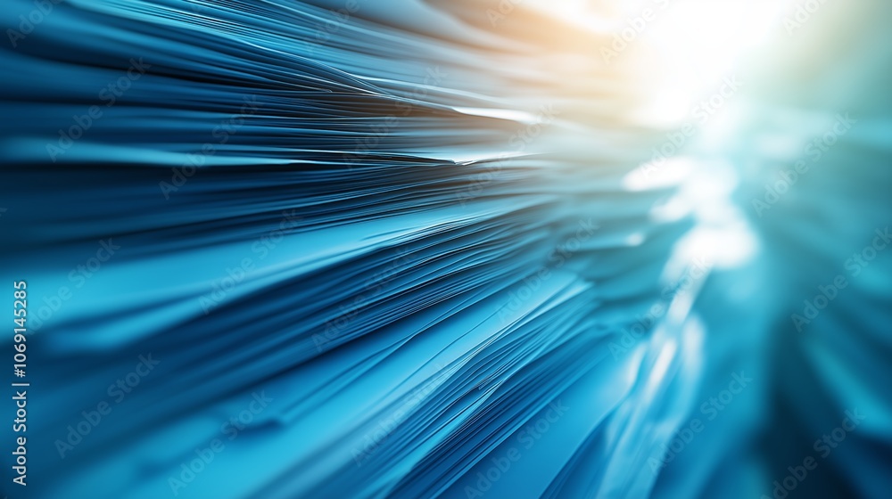Poster Side View of Stacked Papers in Blue Hue with Dramatic Lighting, Representing Data and Documentation, Gemerative AI