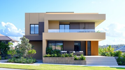 Fototapeta premium Minimalist Sydney home with beige walls, khaki accents, sunny blue sky.