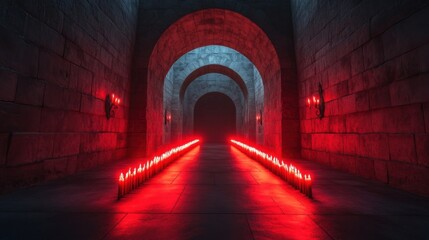 Mysterious red-lit hallway in an ancient stone castle