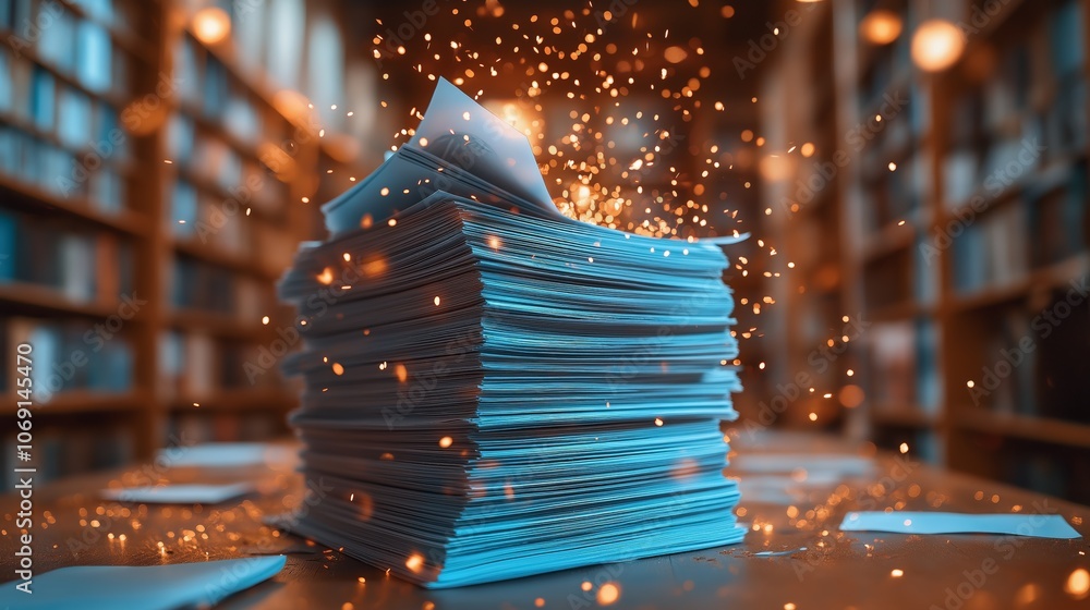 Poster Organized Stack of Digital Documents with Glowing Network Symbols, Representing Data Management and Information Technology, Gemerative AI