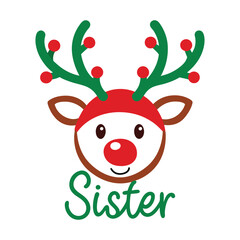 Cute Reindeer Family with 'Sister' Typography Vector - Adorable Christmas Illustration for Festive Cards and Holiday Decor