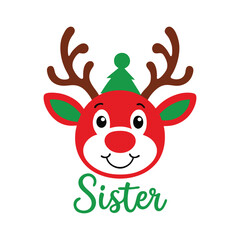 Cute Reindeer Family with 'Sister' Typography Vector - Adorable Christmas Illustration for Festive Cards and Holiday Decor