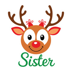 Fototapeta premium Cute Reindeer Family with 'Sister' Typography Vector - Adorable Christmas Illustration for Festive Cards and Holiday Decor