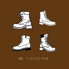 A vector collection of fashionable ankle boots in various styles, displayed on a modern, sleek shelf.