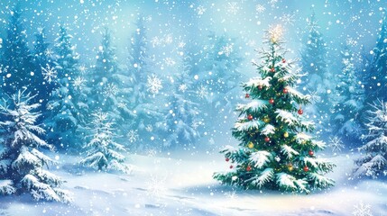 Obraz premium Snowy Christmas Tree in Winter Wonderland Scene