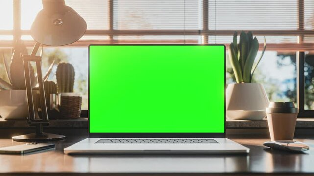 Modern laptop with blank green screen. Static footage with trees swaying or moving in the wind. Home interior during golden hour sunset, 4k 30fps UHD, looped video.