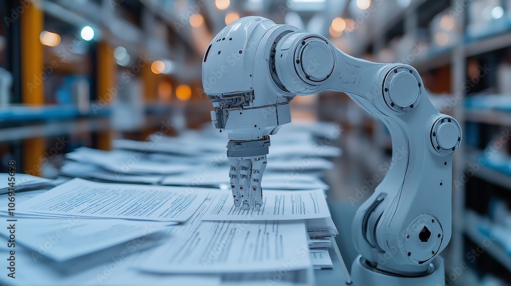 Poster Robotic Arm Organizing Papers in a Warehouse, Illustrating Automation in Document Management and Industrial Efficiency, Gemerative AI