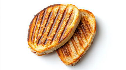 Two grilled sandwich halves with a crispy, golden-brown surface.