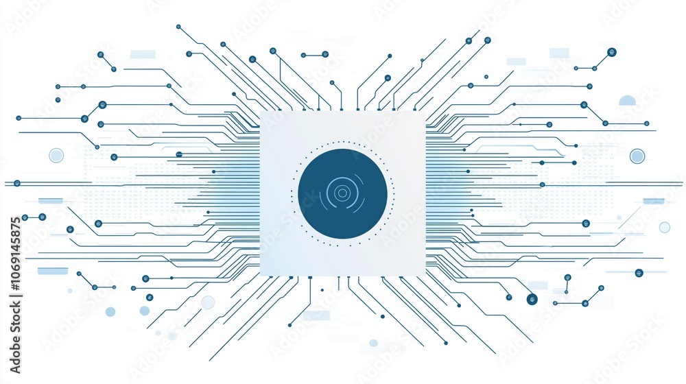 Poster Minimalist Circuit Design Centered with Digital Connections in Blue, Symbolizing Modern Technology and Electronic Connectivity, Gemerative AI