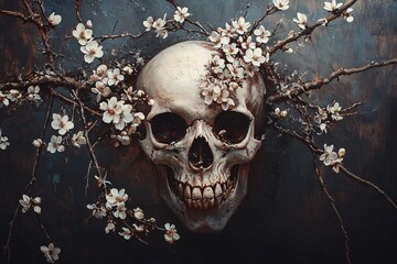 A haunting skull surrounded by delicate white blossoms on bare branches in a dark, moody environment