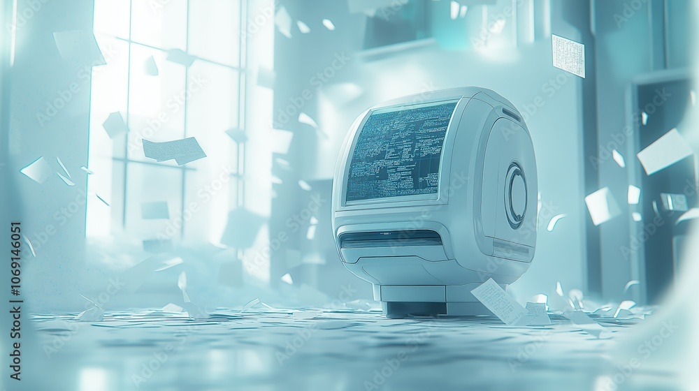 Aufkleber High-Tech Printer with Holographic Display, Representing Advanced Printing Technology and Precision in a Digital Blueprint Environment, Gemerative AI