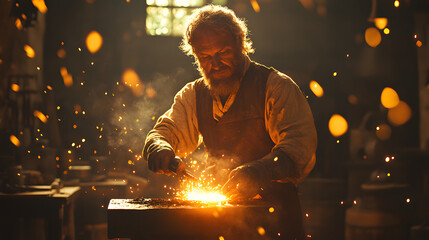 A Dedicated Blacksmith Perfecting His Craft in a Dimly Lit Workshop with Tools and Sparks Flying Around