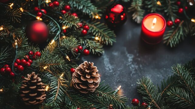 Elegant Christmas Decoration with Pinecones and Candles