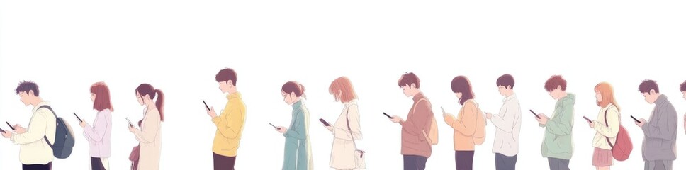 Flat Design Illustrations of People with Smartphones and Social Media Symbols on White Background