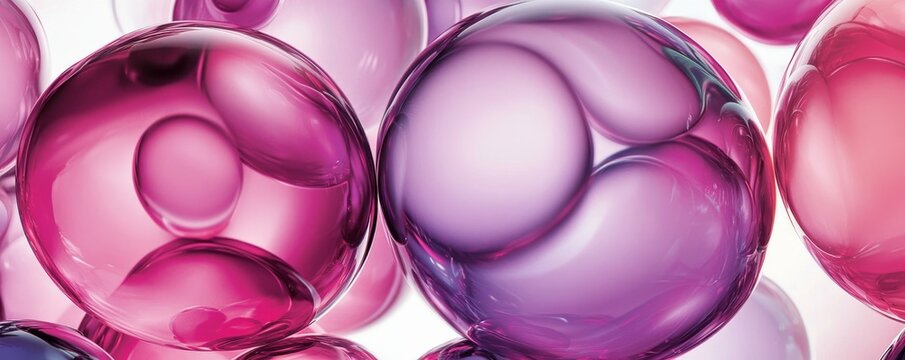 Abstract purple and pink translucent spheres on a white background. Modern art and design concept