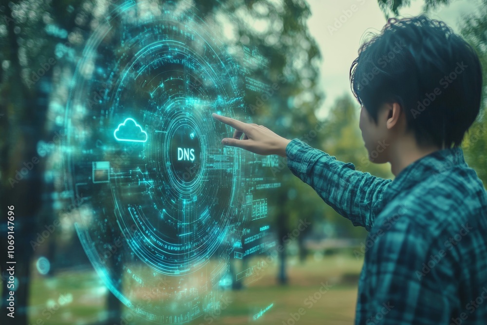 Poster young professional interacting with virtual dns screen focusing on internet protocol management and 