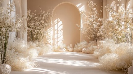 A serene space filled with soft sunlight, lush white plants, and delicate shadows, creating a tranquil and dreamy atmosphere. Backdrop for photoshoot