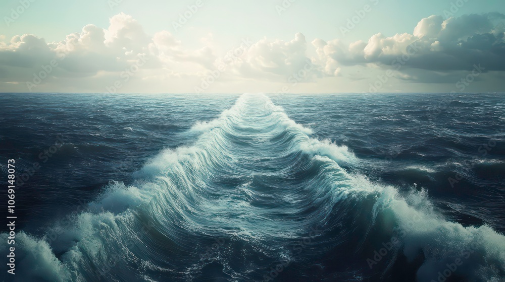 Aufkleber a serene ocean scene with waves converging towards the horizon under a cloudy sky.