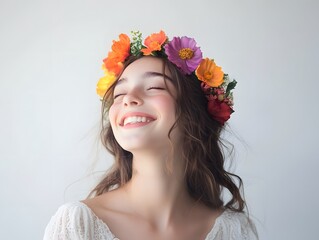 Naklejka premium Joyful Girl with Flower Crown Smiling Brightly