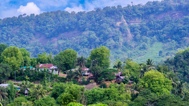 Mountain village. Beautiful landscape with cloudy Sky in Hill at Bandarban Bangladesh. Aerial view of a beautiful mountain landscape in Bandarban, Bangladesh.