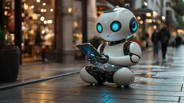 A small robot sits on a city sidewalk, engaging with a tablet in a bustling urban environment