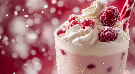 Delicious berry parfait topped with cream and strawberries during a snowy winter evening