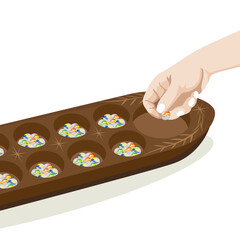 Vector illustration of hand playing Malaysian traditional game, Congkak