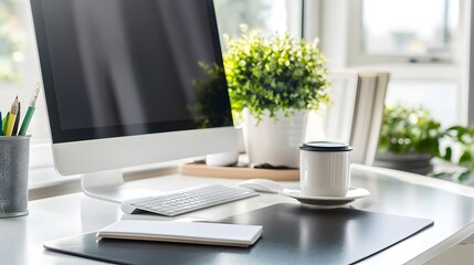 A sleek and modern home office featuring a computer, notebook, and a cup of coffee on a minimalist desk. The design is clean and contemporary, emphasizing simplicity and functionality.