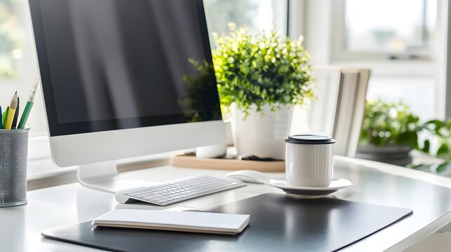 A sleek and modern home office featuring a computer, notebook, and a cup of coffee on a minimalist desk. The design is clean and contemporary, emphasizing simplicity and functionality.