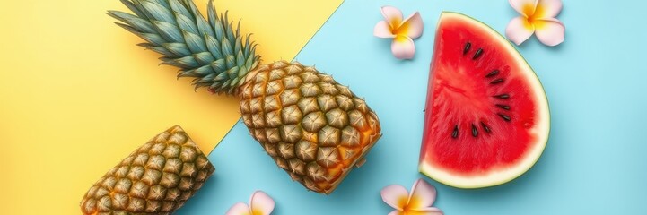 A pineapple and a slice of watermelon are arranged on a yellow and blue background with pink flowers - Powered by Adobe