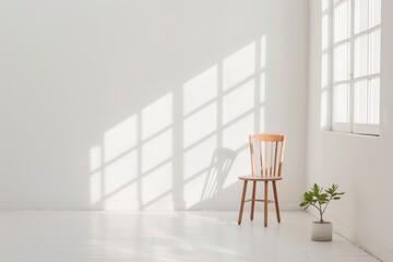 Minimalist room with wooden chair and plant in sunlit space