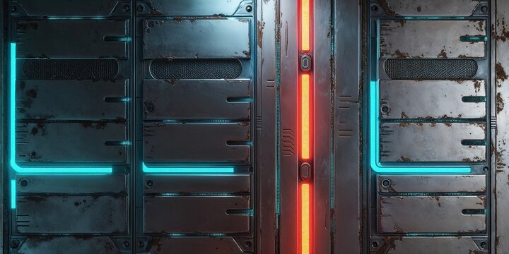 Futuristic Metal Panel with Neon Lights and Industrial Design