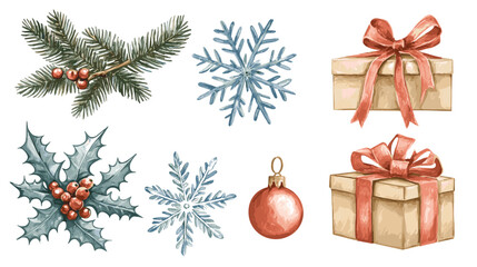 Vector watercolor christmas illustration set with Fir, christmas flower, snowflakes, berries, ornaments, gift, presents and mittens