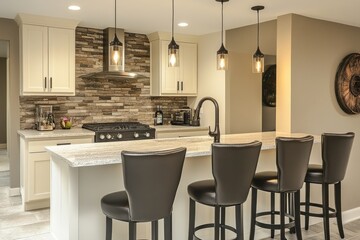 Modern Kitchen Island with Stone Backsplash and Black Leather Bar Stools